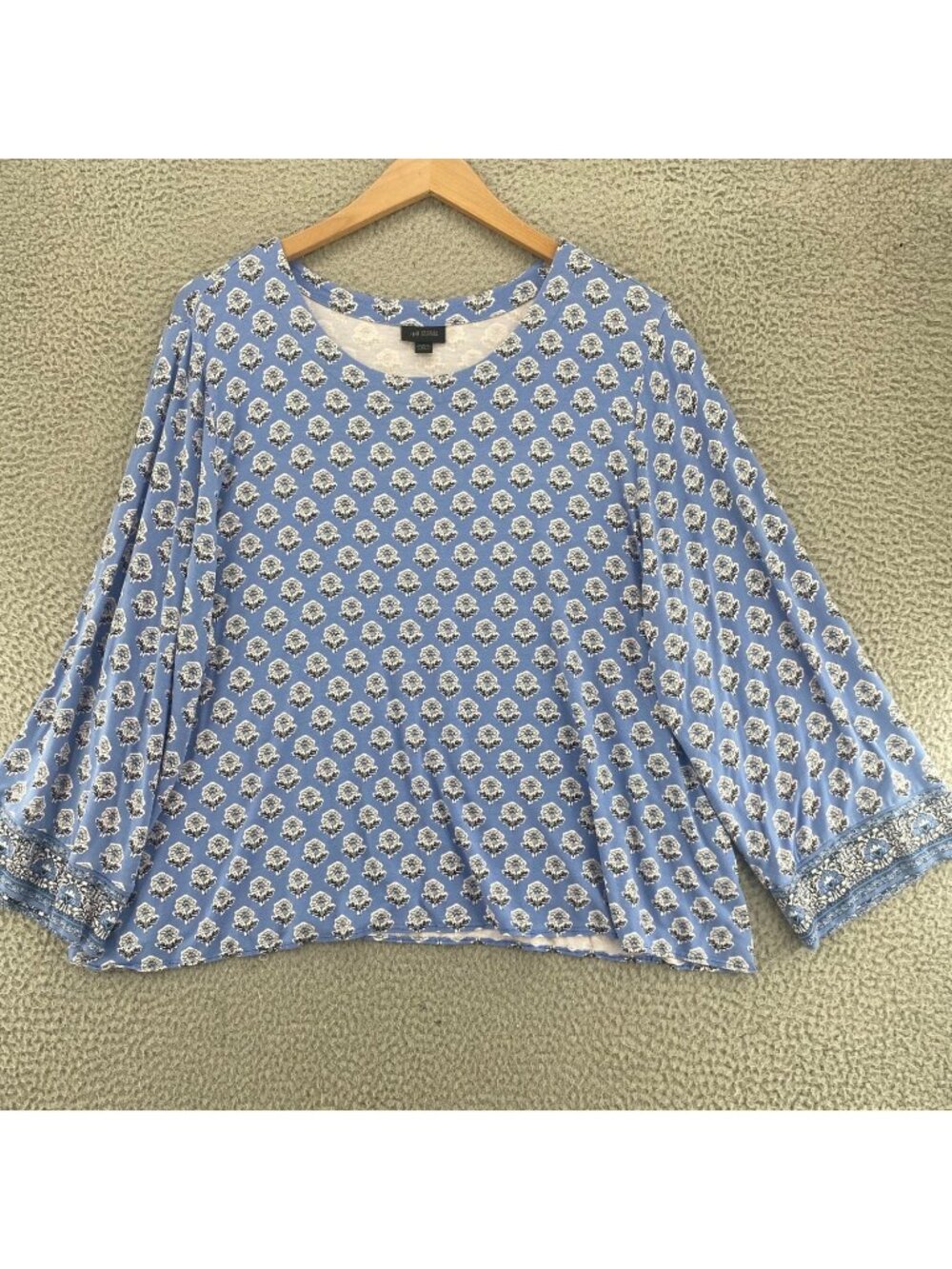 J Jill Top Womens 3X Blue Floral Wearever Tee Round Neck Long Sleeves Stretch